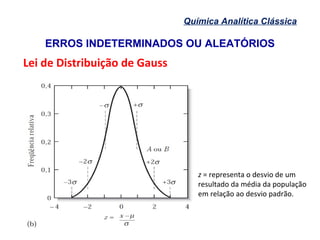 ERROS INDETERMINADOS OU ALEATÓRIOS
Química Analítica Clássica
Lei de Distribuição de Gauss
z = representa o desvio de um
resultado da média da população
em relação ao desvio padrão.
 
