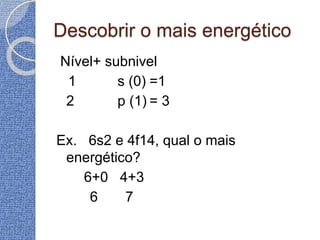 Descobrir o mais energético
Nível+ subnivel
1 s (0) =1
2 p (1) = 3
Ex. 6s2 e 4f14, qual o mais
energético?
6+0 4+3
6 7
 