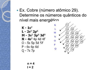  Ex. Cobre (número atômico 29).
Determine os números quânticos do
nível mais energético.
n = 4
l = 2
 