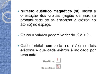  Número quântico magnético (m): indica a
orientação dos orbitais (região de máxima
probabilidade de se encontrar o elétron no
átomo) no espaço.
 Os seus valores podem variar de -? a + ?.
 Cada orbital comporta no máximo dois
elétrons e que cada elétron é indicado por
uma seta:
 