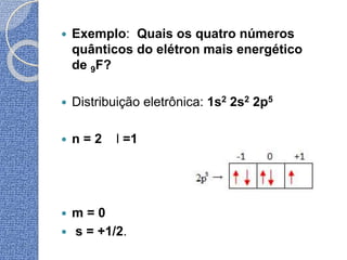  Exemplo: Quais os quatro números
quânticos do elétron mais energético
de 9F?
 Distribuição eletrônica: 1s2 2s2 2p5
 n = 2 l =1
 m = 0
 s = +1/2.
 