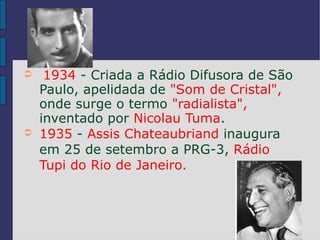 ➲    1934 - Criada a Rádio Difusora de São
    Paulo, apelidada de "Som de Cristal",
    onde surge o termo "radialista",
    inventado por Nicolau Tuma.
➲   1935 - Assis Chateaubriand inaugura
    em 25 de setembro a PRG-3, Rádio
    Tupi do Rio de Janeiro.
 