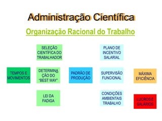 Administração Científica
PADRÃO DE
PRODUÇÃO
PLANO DE
INCENTIVO
SALARIAL
SUPERVISÃO
FUNCIONAL
CONDIÇÕES
AMBIENTAIS
TRABALHO
MÁXIMA
EFICIÊNCIA
TEMPOS E
MOVIMENTOS
SELEÇÃO
CIENTÍFICA DO
TRABALHADOR
DETERMINA
ÇÃO DO
“BEST WAY”
LEI DA
FADIGA LUCROS E
SALÁRIOS
Organização Racional do Trabalho
 