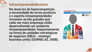 Intraempreendedorismo
Na atual era da hipercompetição,
a necessidade de novos produtos
e o espírito intraempreendedor
tornaram-se tão grandes que
cada vez mais empresas estão
desenvolvendo um ambiente
intraempreendedor, frequentemente
na forma de unidades estratégicas
de negócios (SBUs - strategic
business units) (DORNELAS, 2008).
c
21
AULA
 