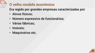 O velho modelo econômico
Era regido por grandes empresas caracterizadas por:
•	 Ativos físicos;
•	 Número expressivo de funcionários;
•	 Várias fábricas;
•	 Imóveis;
•	 Maquinários etc.
c
24
AULA
 