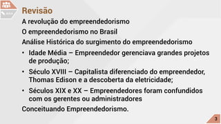 Revisão
A revolução do empreendedorismo
O empreendedorismo no Brasil
Análise Histórica do surgimento do empreendedorismo
•	 Idade Média – Empreendedor gerenciava grandes projetos
de produção;
•	 Século XVIII – Capitalista diferenciado do empreendedor,
Thomas Edison e a descoberta da eletricidade;
•	 Séculos XIX e XX – Empreendedores foram confundidos
com os gerentes ou administradores
Conceituando Empreendedorismo.
c
3
AULA
 