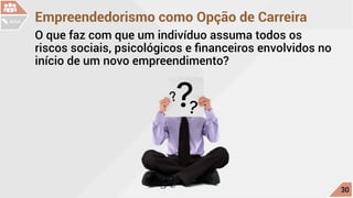 Empreendedorismo como Opção de Carreira
O que faz com que um indivíduo assuma todos os
riscos sociais, psicológicos e financeiros envolvidos no
início de um novo empreendimento?
c
30
AULA
 