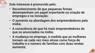 Este Interesse é promovido pelo:
•	 Reconhecimento de que pequenas firmas
desempenham um papel importante na criação de
empregos e na inovação;
•	 O aumento na abordagem dos empreendedores pela
mídia;
•	 A consciência de que há mais empreendedores do
que os anunciados na mídia;
•	 A mudança no emprego, à medida que as mulheres
tornam-se cada vez mais ativas como força de
trabalho e o número de famílias com duas rendas
aumenta;
c
31
AULA
 