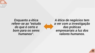Enquanto a ética
refere-se ao “estudo
do que é certo e
bom para os seres
humanos“.
A ética de negócios tem
a ver com a investigação
das práticas
empresariais a luz dos
valores humanos.
c
38
AULA
 