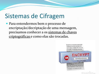 Sistemas de Cifragem
 Para entendermos bem o processo de

encriptação/decriptação de uma mensagem,
precisamos conhecer a os sistemas de chaves
criptográficas e como elas são trocadas.

 