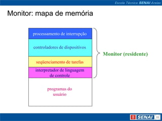 Monitor: mapa de memória

       processamento de interrupção


       controladores de dispositivos
                                       Monitor (residente)
        seqüenciamento de tarefas
        interpretador de linguagem
                de controle

              programas do
                 usuário
 