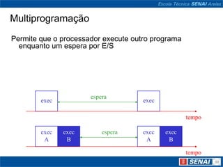 Multiprogramação
Permite que o processador execute outro programa
  enquanto um espera por E/S




                      espera
        exec                         exec

                                                   tempo

        exec   exec       espera     exec   exec
         A      B                     A      B

                                                   tempo
 