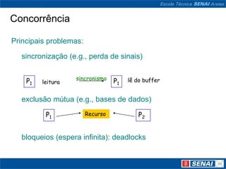 Concorrência

Principais problemas:

  sincronização (e.g., perda de sinais)

                   sincronismo
    P1   leitura                  P1   lê do buffer


  exclusão mútua (e.g., bases de dados)

          P1            Recurso           P2


  bloqueios (espera infinita): deadlocks
 