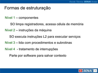Formas de estruturação

Nível 1 – componentes
   SO limpa registradores, acessa célula de memória
Nível 2 – instruções da máquina
   SO executa instruções L2 para executar serviços
Nível 3 – lida com procedimentos e subrotinas
Nível 4 - tratamento de interrupções
   Parte por software para salvar contexto
 