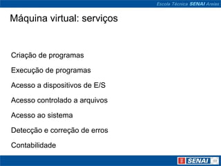 Máquina virtual: serviços


Criação de programas

Execução de programas

Acesso a dispositivos de E/S

Acesso controlado a arquivos

Acesso ao sistema

Detecção e correção de erros

Contabilidade
 