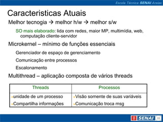 Caracteristicas Atuais
Melhor tecnogia  melhor h/w  melhor s/w
      SO mais elaborado: lida com redes, maior MP, multimídia, web,
       computação cliente-servidor
Microkernel – mínimo de funções essenciais
      Gerenciador de espaço de gerenciamento
      Comunicação entre processos
      Escalonamento
Multithread – aplicação composta de vários threads

             Threads                           Processos
    unidade de um processo         Visão somente de suas variáveis
    Compartilha informações        Comunicação troca msg
 