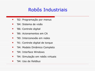 Robôs Industriais ’ 82: Programação por menus  ’ 84: Sistema de visão ’ 86: Controle digital ’ 86: Acionamentos em CA ’ 90: Interconexão em redes ’ 91: Controle digital de torque ’ 94: Modelo Dinâmico Completo ’ 94: Interface Windows ’ 94: Simulação em robôs virtuais ’ 94: Uso de  fieldbus 