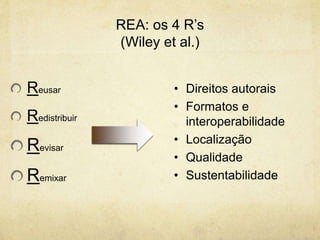 REA: os 4 R’s
(Wiley et al.)
Reusar
Redistribuir
Revisar
Remixar
• Direitos autorais
• Formatos e
interoperabilidade
• Localização
• Qualidade
• Sustentabilidade
 