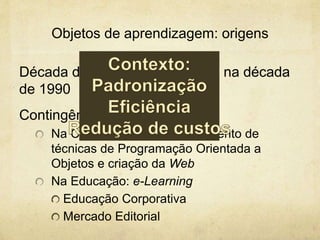 Objetos de aprendizagem: origens
Década de 1960, popularização na década
de 1990
Contingências:
Na Computação: desenvolvimento de
técnicas de Programação Orientada a
Objetos e criação da Web
Na Educação: e-Learning
Educação Corporativa
Mercado Editorial
 