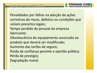Penalidades por falhas na adoção de ações
corretivas de riscos, defeitos ou condições que
violam preceitos legais;
Tempo perdido do pessoal da empresa
fabricante;
Obsolescência do equipamento associado ao
produto que deverá ser modificado;
Aumento das tarifas de seguro;
Perda da confiança perante a opinião pública;
Perda de prestígio;
Degradação moral.
 
