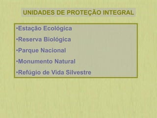 •Estação Ecológica
•Reserva Biológica
•Parque Nacional
•Monumento Natural
•Refúgio de Vida Silvestre
UNIDADES DE PROTEÇÃO INTEGRAL
 