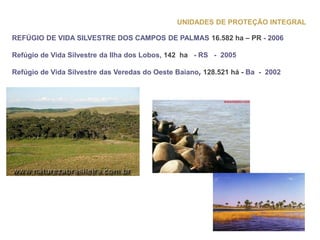UNIDADES DE PROTEÇÃO INTEGRAL
REFÚGIO DE VIDA SILVESTRE DOS CAMPOS DE PALMAS 16.582 ha – PR - 2006
Refúgio de Vida Silvestre da Ilha dos Lobos, 142 ha - RS - 2005
Refúgio de Vida Silvestre das Veredas do Oeste Baiano, 128.521 há - Ba - 2002
 