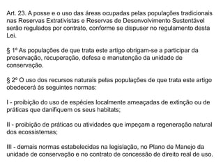 Art. 23. A posse e o uso das áreas ocupadas pelas populações tradicionais
nas Reservas Extrativistas e Reservas de Desenvolvimento Sustentável
serão regulados por contrato, conforme se dispuser no regulamento desta
Lei.
§ 1º As populações de que trata este artigo obrigam-se a participar da
preservação, recuperação, defesa e manutenção da unidade de
conservação.
§ 2º O uso dos recursos naturais pelas populações de que trata este artigo
obedecerá às seguintes normas:
I - proibição do uso de espécies localmente ameaçadas de extinção ou de
práticas que danifiquem os seus habitats;
II - proibição de práticas ou atividades que impeçam a regeneração natural
dos ecossistemas;
III - demais normas estabelecidas na legislação, no Plano de Manejo da
unidade de conservação e no contrato de concessão de direito real de uso.
 