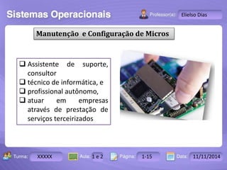Turma: 2503-B Aula: 10 Pág: 10 a 17 Data: 18-jan-12 
XXXXX 1 e 2 1-15 11/11/2014 
Instrutor: Ricardo Paladini Matos 
Elielso Dias 
Manutenção e Configuração de Micros 
 Assistente de suporte, 
consultor 
 técnico de informática, e 
 profissional autônomo, 
 atuar em empresas 
através de prestação de 
serviços terceirizados 
 