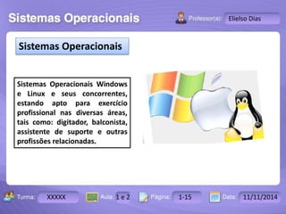 Turma: 2503-B Aula: 10 Pág: 10 a 17 Data: 18-jan-12 
XXXXX 1 e 2 1-15 11/11/2014 
Instrutor: Ricardo Paladini Matos 
Elielso Dias 
Sistemas Operacionais 
Sistemas Operacionais Windows 
e Linux e seus concorrentes, 
estando apto para exercício 
profissional nas diversas áreas, 
tais como: digitador, balconista, 
assistente de suporte e outras 
profissões relacionadas. 
 