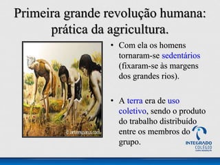 • Com ela os homens
tornaram-se sedentários
(fixaram-se às margens
dos grandes rios).
• A terra era de uso
coletivo, sendo o produto
do trabalho distribuído
entre os membros do
grupo.
Primeira grande revolução humana:
prática da agricultura.
 