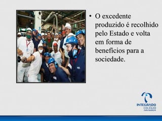 • O excedente
produzido é recolhido
pelo Estado e volta
em forma de
benefícios para a
sociedade.
 