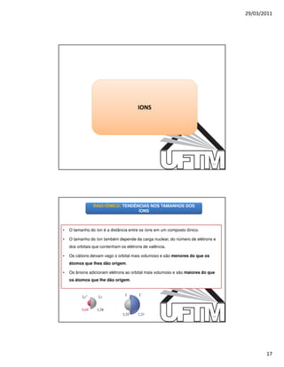 29/03/2011




                                        IONS




                                                                             33




                RAIO IÔNICO: TENDÊNCIAS NOS TAMANHOS DOS
                                   ÍONS



•   O tamanho do íon é a distância entre os íons em um composto iônico.

•   O tamanho do íon também depende da carga nuclear, do número de elétrons e
    dos orbitais que contenham os elétrons de valência.

•   Os cátions deixam vago o orbital mais volumoso e são menores do que os
    átomos que lhes dão origem.

•   Os ânions adicionam elétrons ao orbital mais volumoso e são maiores do que
    os átomos que lhe dão origem.




                                                                             34




                                                                                         17
 