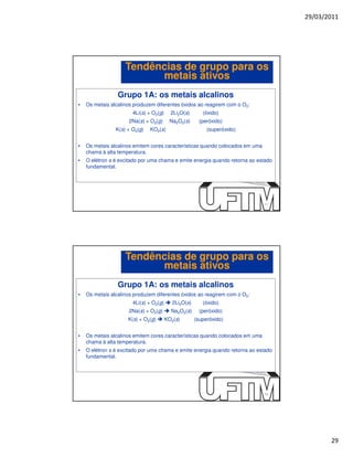 29/03/2011




                    Tendências de grupo para os
                          metais ativos
                 Grupo 1A: os metais alcalinos
•   Os metais alcalinos produzem diferentes óxidos ao reagirem com o O2:
                       4Li(s) + O2(g)     2Li2O(s)       (óxido)
                     2Na(s) + O2(g)       Na2O2(s)      (peróxido)
                K(s) + O2(g)   KO2(s)                      (superóxido)


•   Os metais alcalinos emitem cores características quando colocados em uma
    chama à alta temperatura.
•   O elétron s é excitado por uma chama e emite energia quando retorna ao estado
    fundamental.




                                                                               57




                    Tendências de grupo para os
                          metais ativos
                 Grupo 1A: os metais alcalinos
•   Os metais alcalinos produzem diferentes óxidos ao reagirem com o O2:
                       4Li(s) + O2(g)      2Li2O(s)      (óxido)
                     2Na(s) + O2(g)       Na2O2(s)      (peróxido)
                     K(s) + O2(g)       KO2(s)        (superóxido)


•   Os metais alcalinos emitem cores características quando colocados em uma
    chama à alta temperatura.
•   O elétron s é excitado por uma chama e emite energia quando retorna ao estado
    fundamental.




                                                                               58




                                                                                           29
 