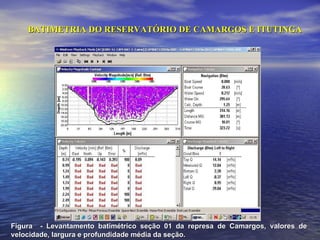 BATIMETRIA DO RESERVATÓRIO DE CAMARGOS E ITUTINGA Figura  - Levantamento batimétrico seção 01 da represa de Camargos, valores de velocidade, largura e profundidade média da seção. 