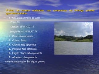 Fichas de campo realizadas nas campanhas de Itutinga pontos georeferenciados   