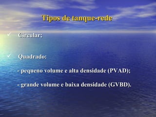 Tipos de tanque-rede Circular; Quadrado: - pequeno volume e alta densidade (PVAD); - grande volume e baixa densidade (GVBD). 