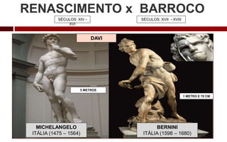 RENASCIMENTO x BARROCO
MICHELANGELO
ITÁLIA (1475 – 1564)
BERNINI
ITÁLIA (1598 – 1680)
DAVI
5 METROS
1 METRO E 70 CM
SÉCULOS: XIV -
XVI
SÉCULOS: XVII - XVIII
 