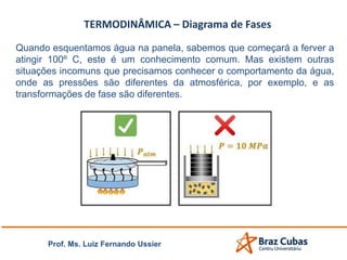 TERMODINÂMICA – Diagrama de Fases
Quando esquentamos água na panela, sabemos que começará a ferver a
atingir 100º C, este é um conhecimento comum. Mas existem outras
situações incomuns que precisamos conhecer o comportamento da água,
onde as pressões são diferentes da atmosférica, por exemplo, e as
transformações de fase são diferentes.
Prof. Ms. Luiz Fernando Ussier
 