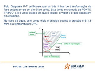 Prof. Ms. Luiz Fernando Ussier
Pelo Diagrama P-T verifica-se que as três linhas de transformação de
fase encontram-se em um único ponto. Este ponto é chamado de PONTO
TRIPLO, e é o único estado em que o líquido, o vapor e o gelo coexistem
em equilíbrio.
No caso da água, este ponto triplo é atingido quanto a pressão é 611,3
MPa e a temperatura 0,01ºC.
 