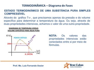 Prof. Ms. Luiz Fernando Ussier
ESTADO TERMODINÂMICO DE UMA SUBSTÂNCIA PURA SIMPLES
COMPRESSÍVEL
Através do gráfico T-v , que precisamos apenas da pressão e do volume
específico para determinar a temperatura da água. Ou seja, através de
duas propriedades intensivas, achamos o valor de uma outra propriedade.
NOTA: Os valores das
propriedades intensivas estão
conectados entre si por meio de
fórmulas.
 