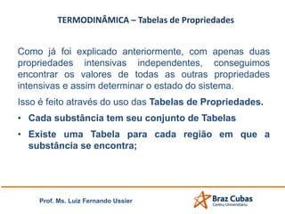 TERMODINÂMICA – Tabelas de Propriedades
Como já foi explicado anteriormente, com apenas duas
propriedades intensivas independentes, conseguimos
encontrar os valores de todas as outras propriedades
intensivas e assim determinar o estado do sistema.
Isso é feito através do uso das Tabelas de Propriedades.
• Cada substância tem seu conjunto de Tabelas
• Existe uma Tabela para cada região em que a
substância se encontra;
Prof. Ms. Luiz Fernando Ussier
 