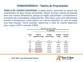 TERMODINÂMICA – Tabelas de Propriedades
TABELA DE LÍQUIDO SATURADO: A tabela abaixo, apresenta os valores das
propriedades da água líquida comprimida. Mostra diversos valores de pressão
para uma mesma temperatura, porque na região subresfriada, a temperatura e
a pressão são propriedades independentes. Além disso, para uma determinada
pressão e temperatura, existe apenas um volume específico (v), pois só existe
uma fase (líquido). Como exemplo: determinar o valor do volume específico
para a água a 60ºC e pressão 5 MPa:
Prof. Ms. Luiz Fernando Ussier
 