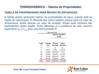 TERMODINÂMICA – Tabelas de Propriedades
TABELA DE PROPRIEDADES PARA REGIÃO DE SATURAÇÃO:
A Tabela abaixo apresenta valores de propriedades da água, quando está na
região de vaporização. É diferente das outras tabelas, porque para um valor de
temperatura, existe apenas um valor de pressão. Essas duas variáveis são
dependentes nessa região. Outra diferença é a existência de dois volumes
específicos vliq e vvap para uma única pressão P.
Prof. Ms. Luiz Fernando Ussier
 