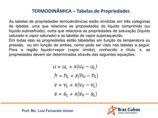 TERMODINÂMICA – Tabelas de Propriedades
Prof. Ms. Luiz Fernando Ussier
As tabelas de propriedades termodinâmicas estão divididas em três categorias
de tabelas: uma que relaciona as propriedades do líquido comprimido (ou
líquido subresfriado), outra que relaciona as propriedades de saturação (líquido
saturado e vapor saturado) e as tabelas de vapor superaquecido.
Em todas elas as propriedades estão tabeladas em função da temperatura ou
pressão, ou em função de ambas, como pode ser visto nas tabelas a seguir.
Para a região liquido+vapor (vapor úmido), conhecido o título, x, as
propriedades devem ser determinadas através das seguintes equações:
 