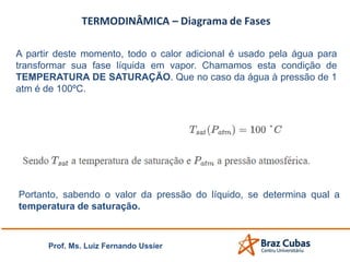 Prof. Ms. Luiz Fernando Ussier
A partir deste momento, todo o calor adicional é usado pela água para
transformar sua fase líquida em vapor. Chamamos esta condição de
TEMPERATURA DE SATURAÇÃO. Que no caso da água à pressão de 1
atm é de 100ºC.
Portanto, sabendo o valor da pressão do líquido, se determina qual a
temperatura de saturação.
 