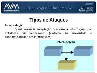 Tipos de Ataques
Interceptação:
Considera-se interceptação o acesso a informações por
entidades não autorizadas (violação da privacidade e
confidencialidade das informações).
 