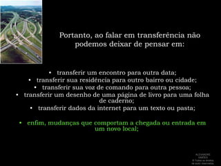 Na nossa língua portuguesa, o verbo ao qual a palavra transferência remete (übertragen; sendo que über significa ‘por sobre’ e tragen, ‘carregar’) se aproxima bastante do que queremos dizer quando falamos ‘carregar-de-lá-para-cá-e-deixar-aqui’ (considerando que daí a pouco, por conta da plasticidade e reversibilidade já apontadas, possamos outra vez ‘carregar-de-lá-para-cá-e-deixar-ali’):ALEXANDRE SIMÕES ® Todos os direitos  de autor reservados.