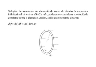 Solução: Se tomarmos um elemento de coroa de círculo de espessura
infinitesimal dr e área dr
r
dS 
2
 , poderemos considerar a velocidade
constante sobre o elemento. Assim, sobre esse elemento de área:
  dr
r
r
dS
r
dQ 

 2
)
(


 