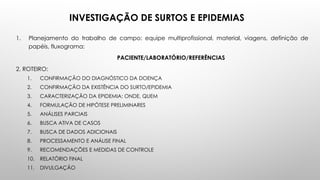 INVESTIGAÇÃO DE SURTOS E EPIDEMIAS
1. Planejamento do trabalho de campo: equipe multiprofissional, material, viagens, definição de
papéis, fluxograma:
PACIENTE/LABORATÓRIO/REFERÊNCIAS
2. ROTEIRO:
1. CONFIRMAÇÃO DO DIAGNÓSTICO DA DOENÇA
2. CONFIRMAÇÃO DA EXISTÊNCIA DO SURTO/EPIDEMIA
3. CARACTERIZAÇÃO DA EPIDEMIA: ONDE, QUEM
4. FORMULAÇÃO DE HIPÓTESE PRELIMINARES
5. ANÁLISES PARCIAIS
6. BUSCA ATIVA DE CASOS
7. BUSCA DE DADOS ADICIONAIS
8. PROCESSAMENTO E ANÁLISE FINAL
9. RECOMENDAÇÕES E MEDIDAS DE CONTROLE
10. RELATÓRIO FINAL
11. DIVULGAÇÃO
 