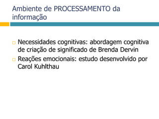 Ambiente de PROCESSAMENTO da informaçãoNecessidades cognitivas: abordagem cognitiva de criação de significado de Brenda DervinReações emocionais: estudo desenvolvido por Carol Kuhlthau